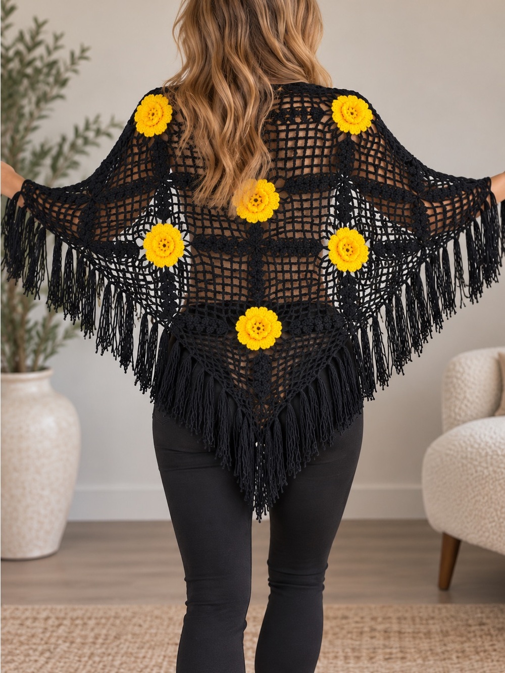Black Crochet Fringe Shawl with Yellow Floral Accents